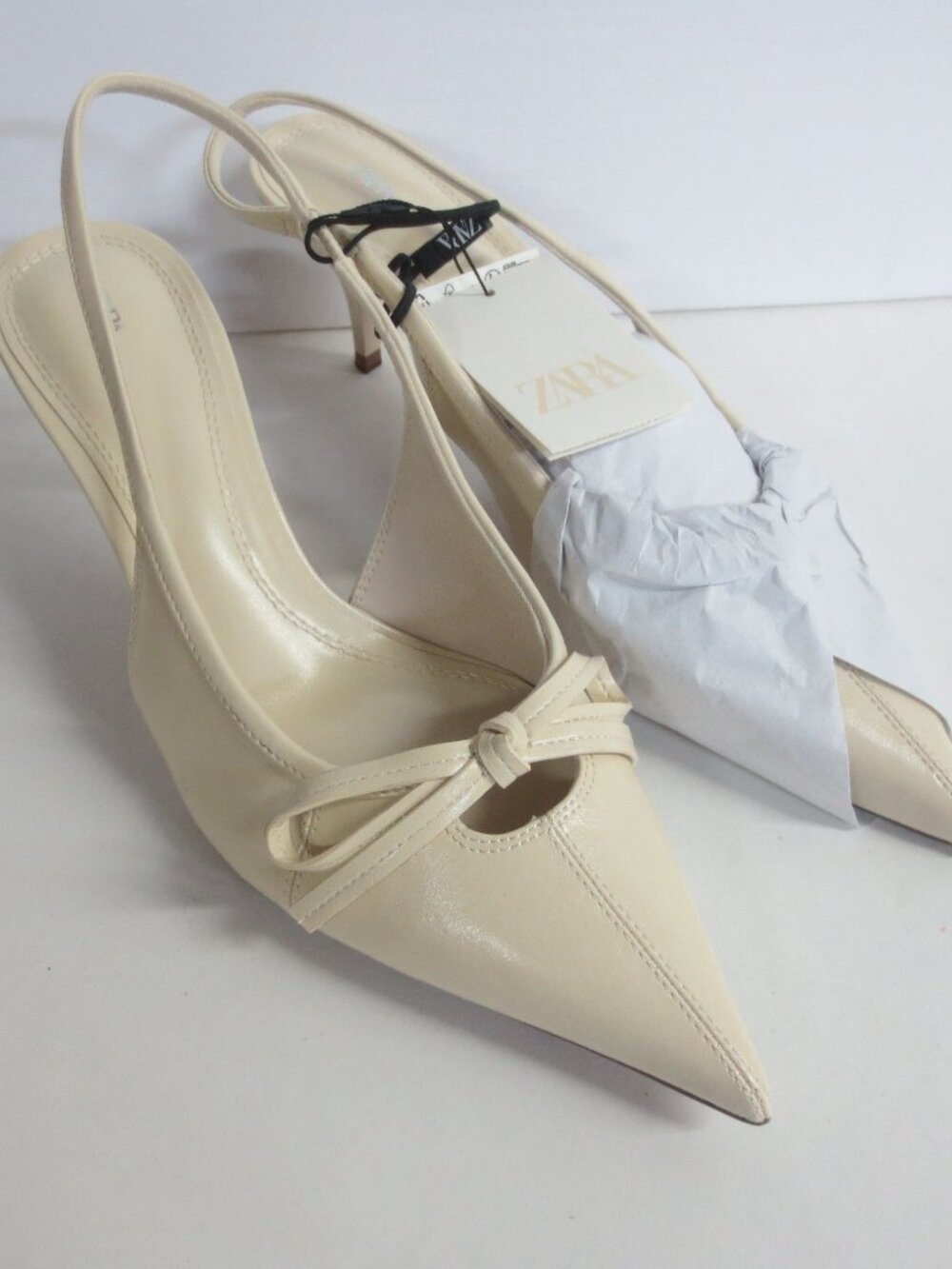 ZARA WOMEN'S POINTED TOE BOW SLINGBACK KITTEN HEEL SHOES - US 10